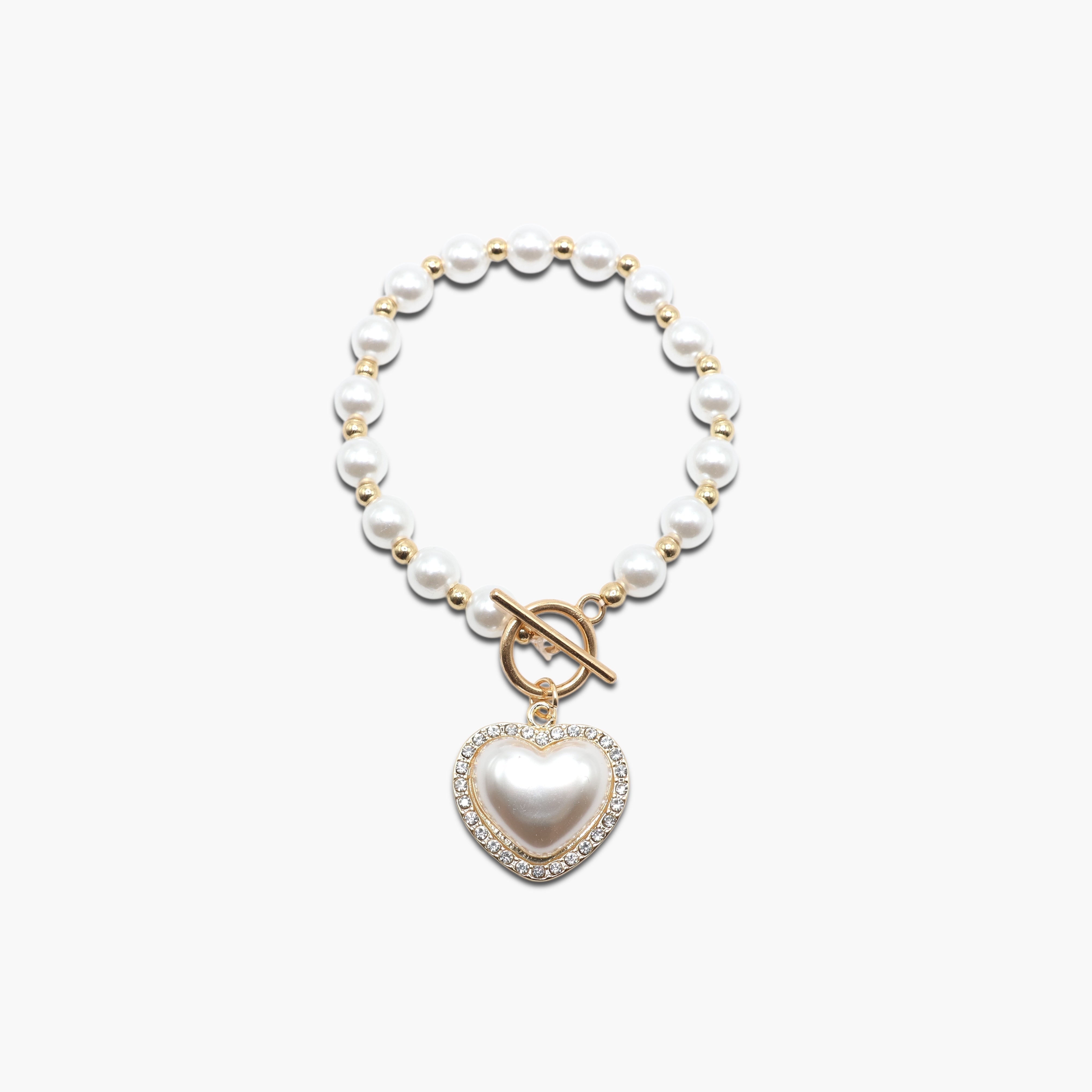 Pearl necklace with a heart-shaped pendant on a white background