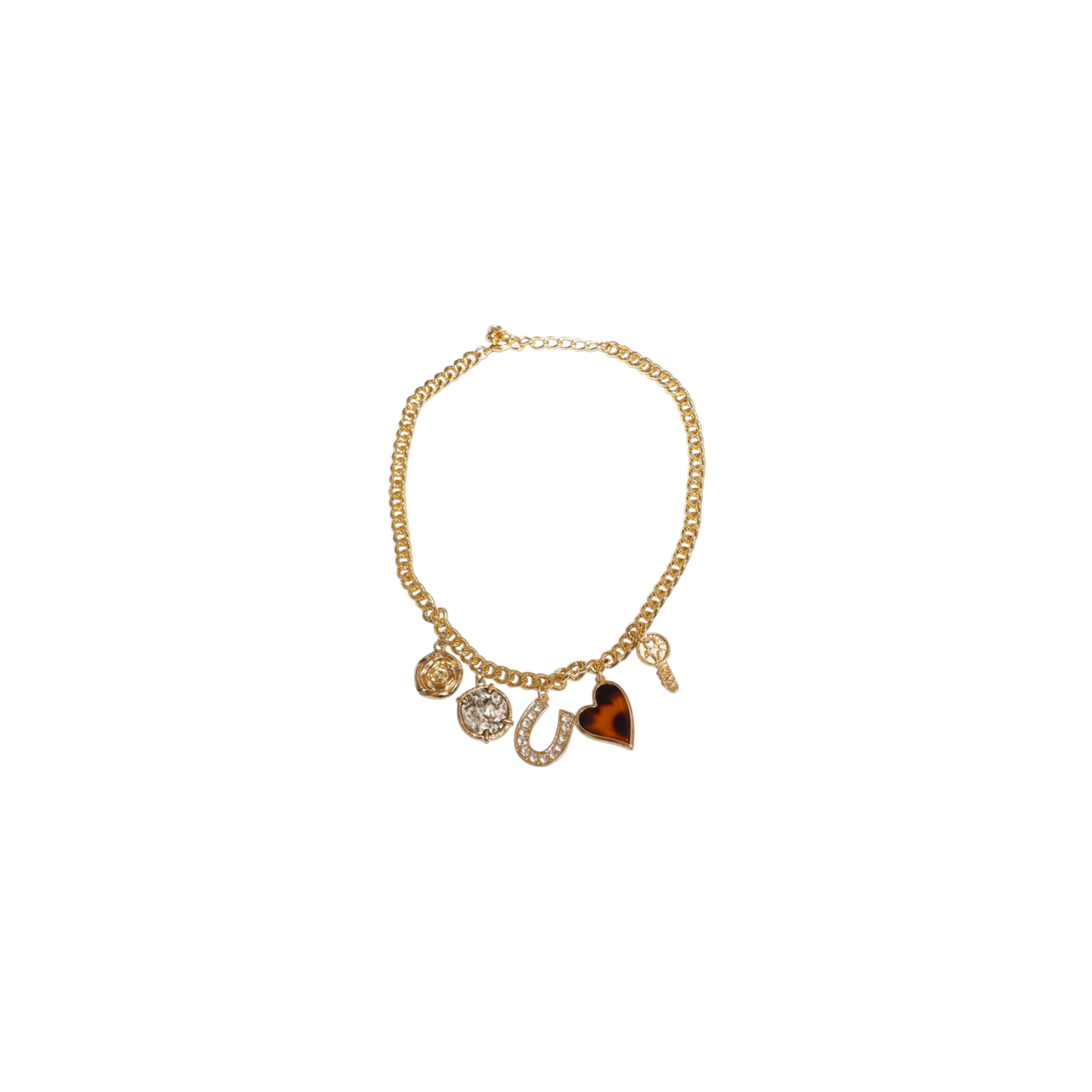 Gold bracelet with charms on a white background