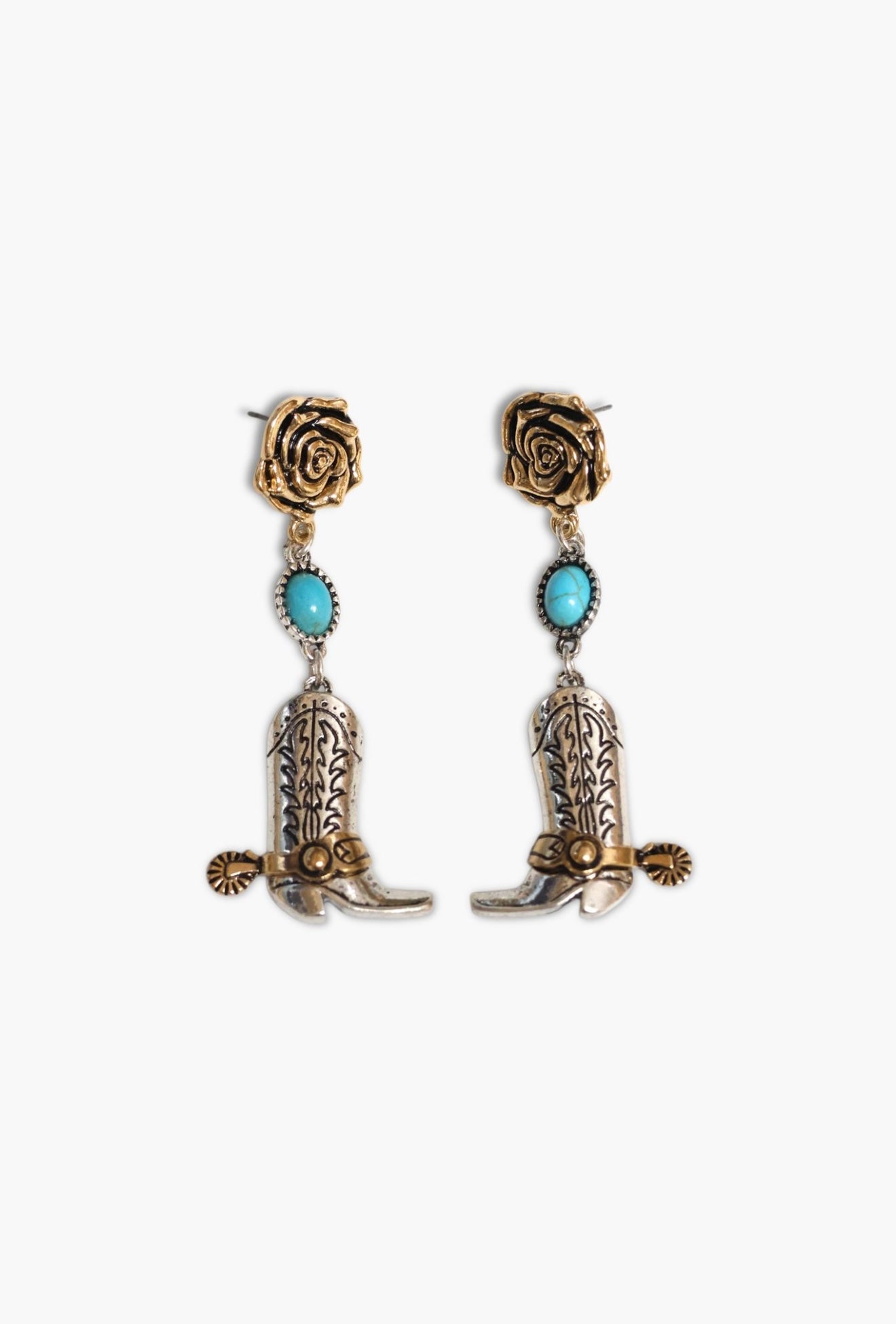 Cowboy boot earrings with turquoise stones on a white background