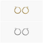 A pair of gold-colored round hoop earrings with a small metallic loop at the top.