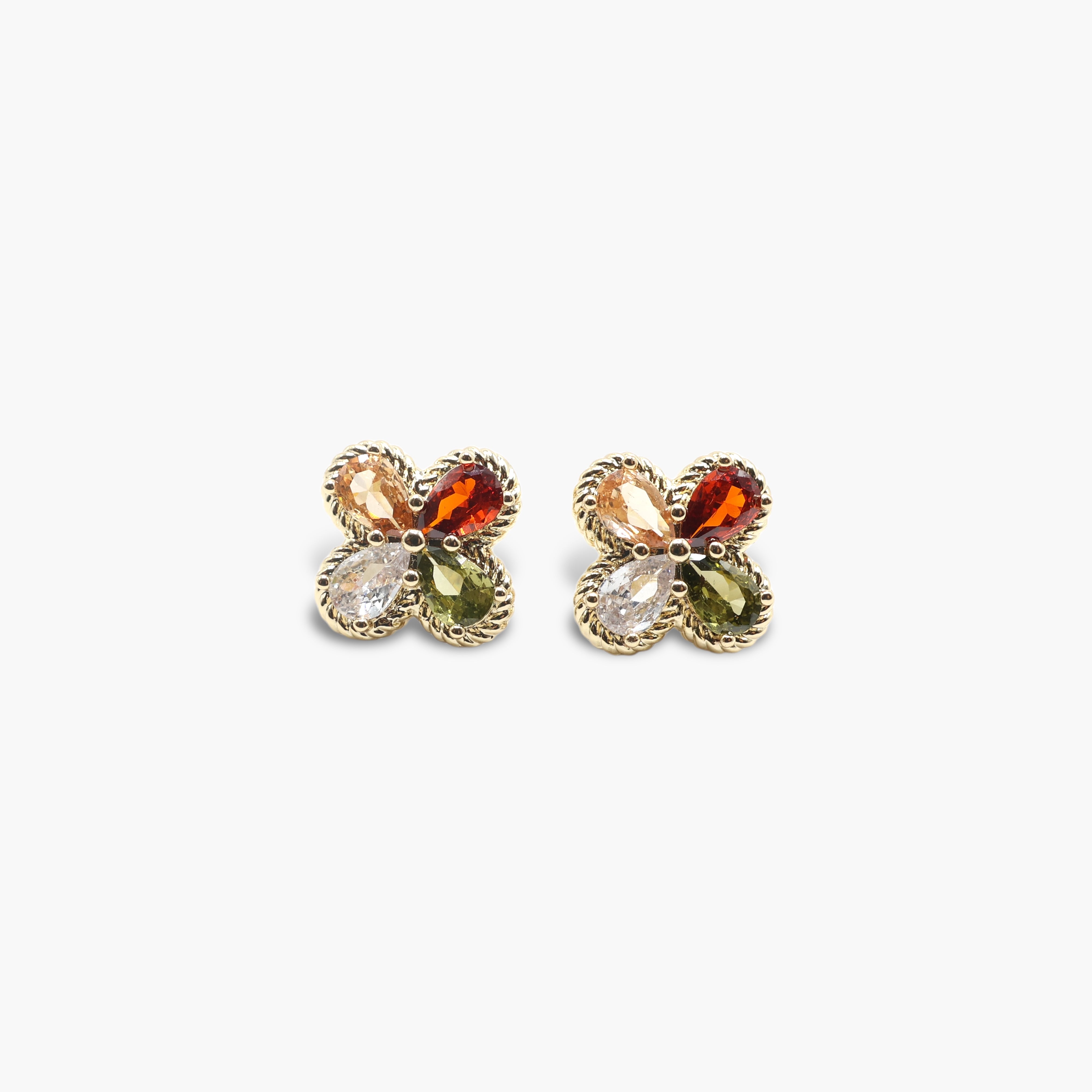 A pair of gold-colored multi-colored clover earrings with cubic zirconia stones.
