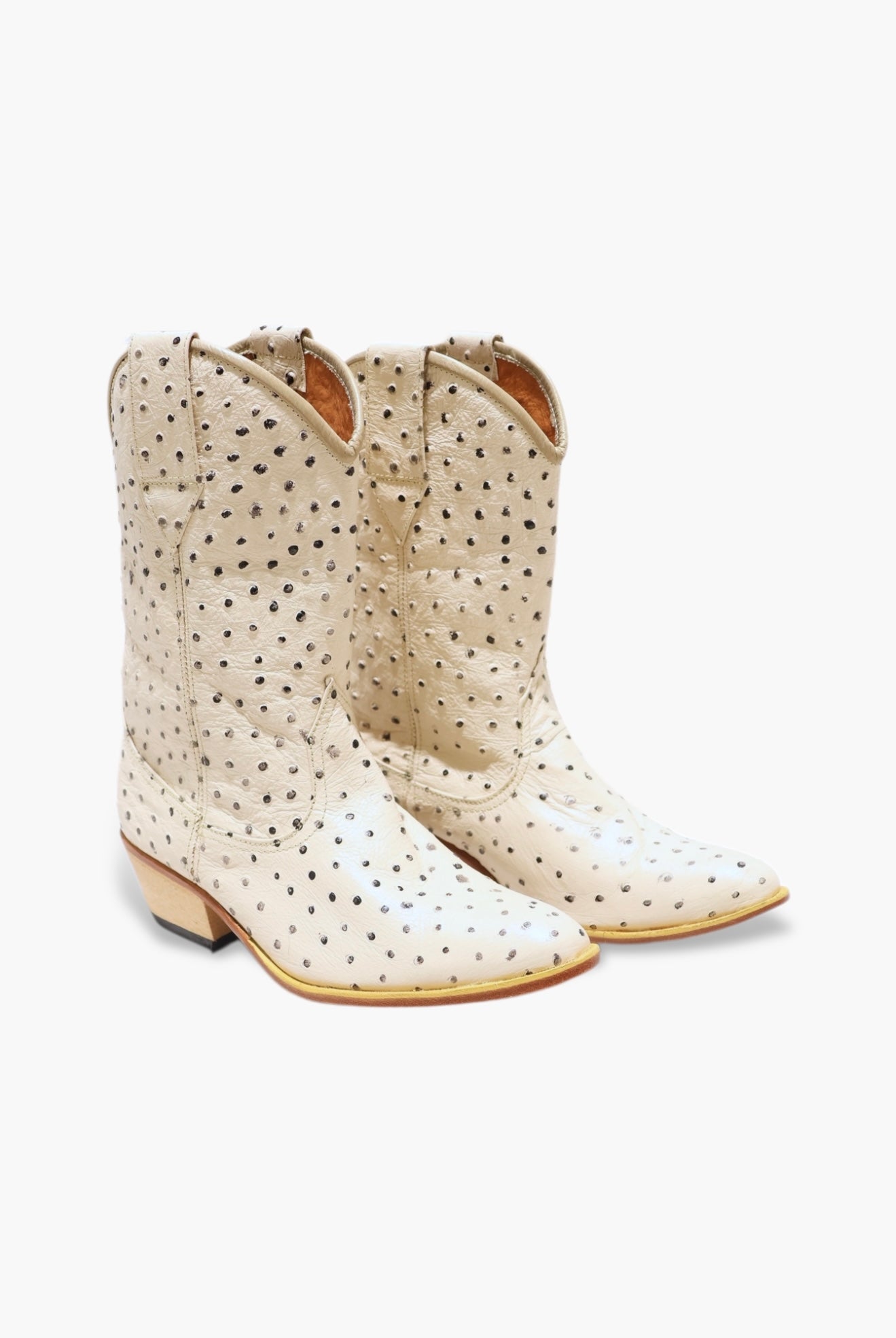 Pair of white cowboy boots with star patterns on a white background
