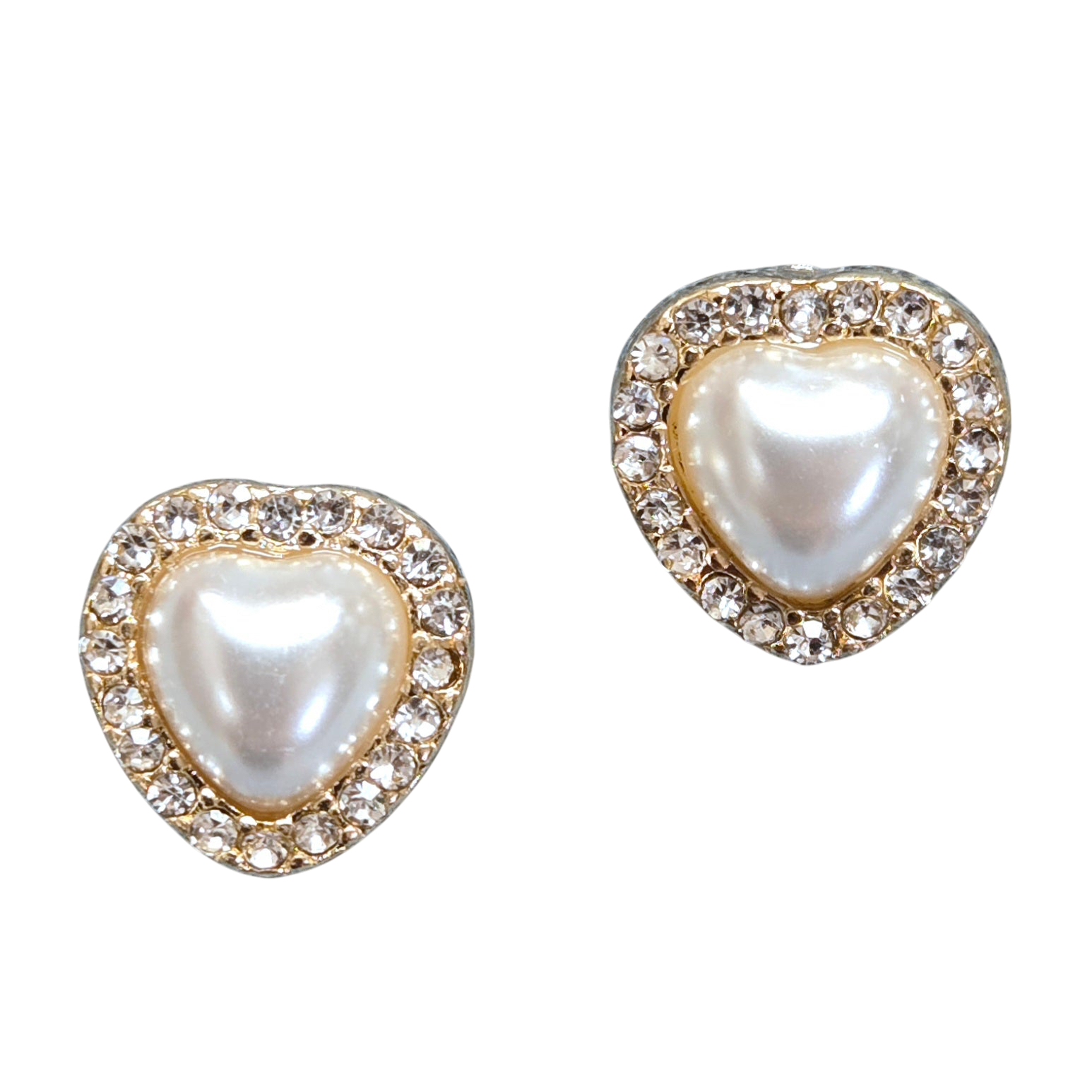 Heart-shaped earrings with pearl centers and gold accents on a white background