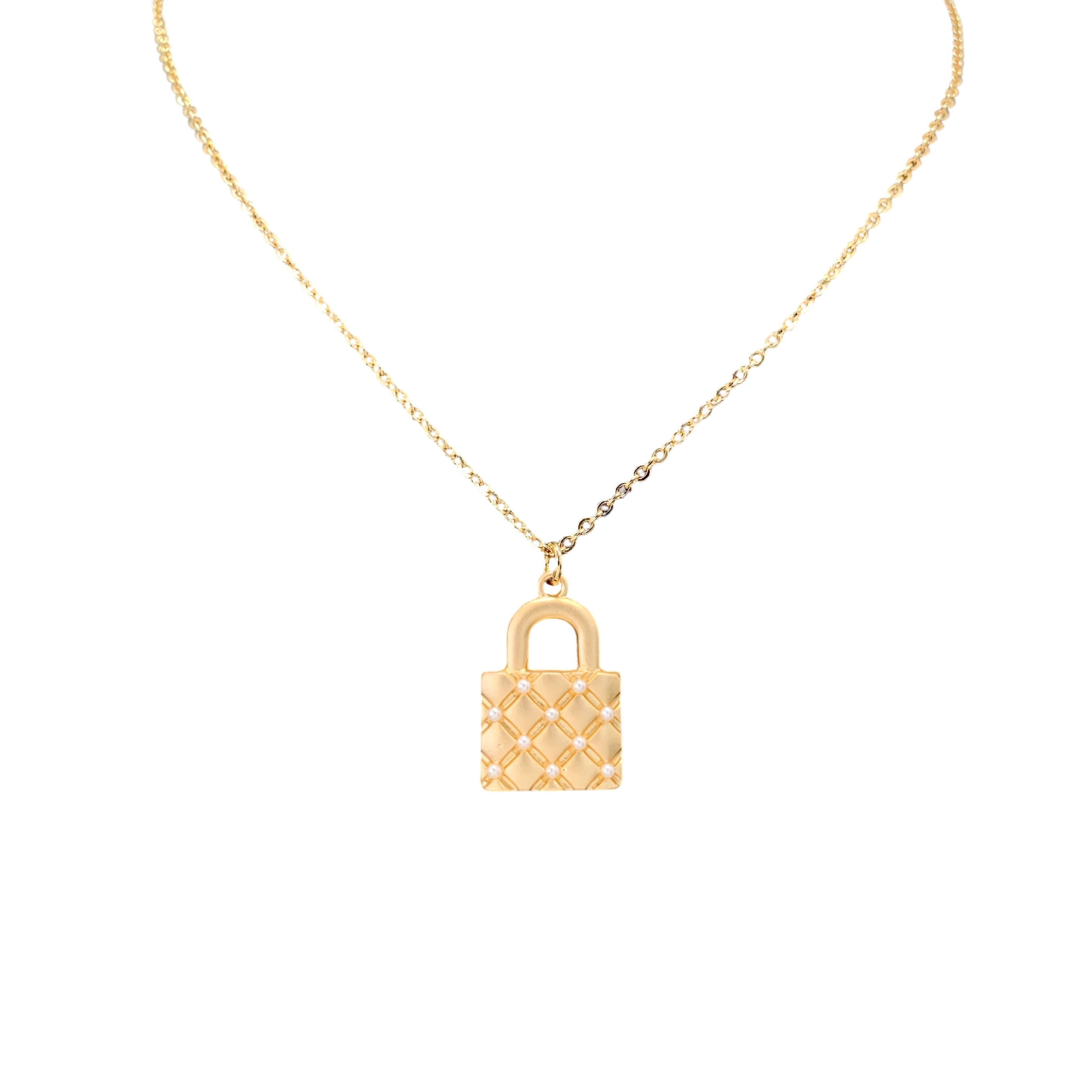Gold padlock necklace on a white background