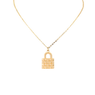 Gold padlock necklace on a white background