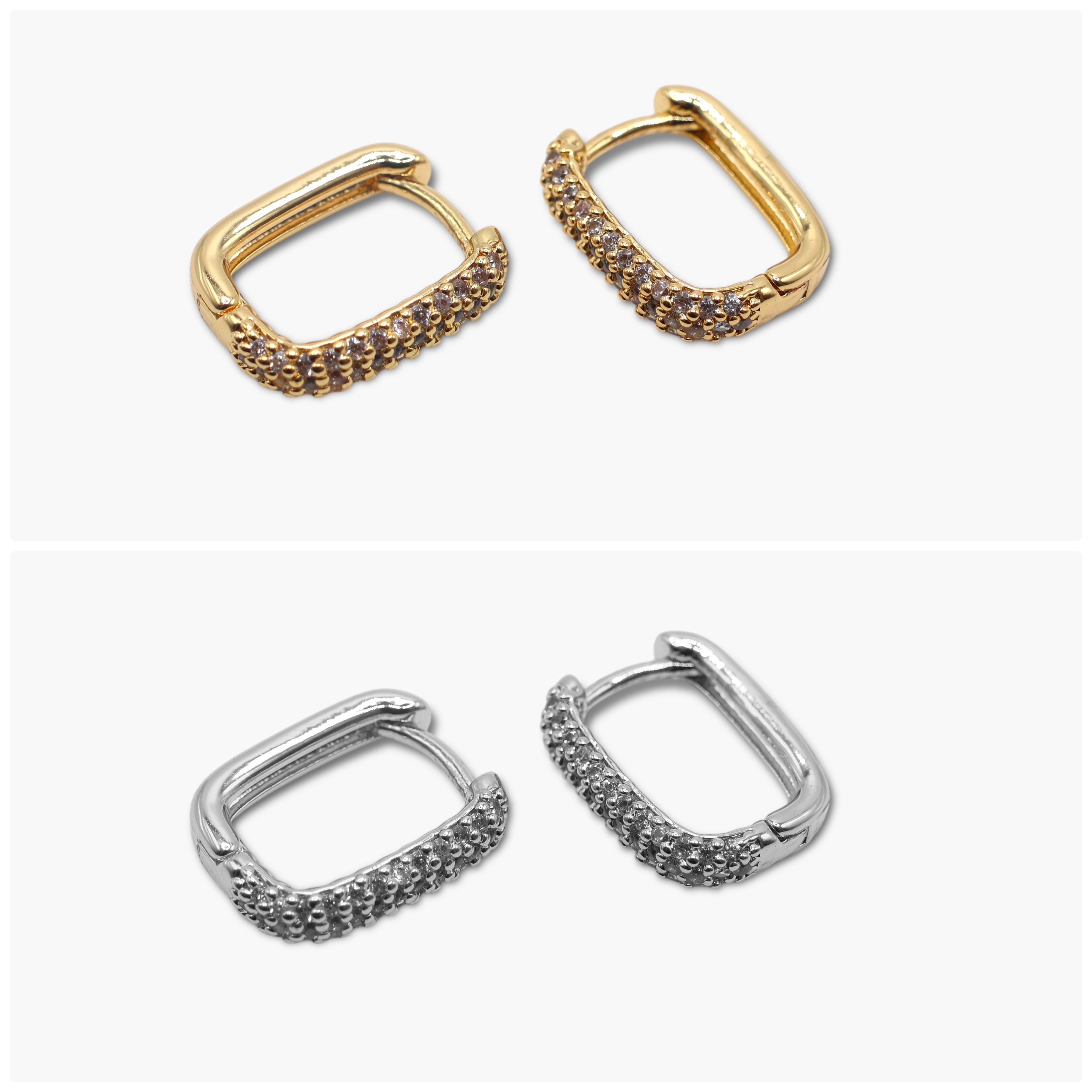 A pair of small hoop earrings, one with a gold plating and the other with a silver plating, both featuring a textured surface with a pattern of stones set within the hoops.