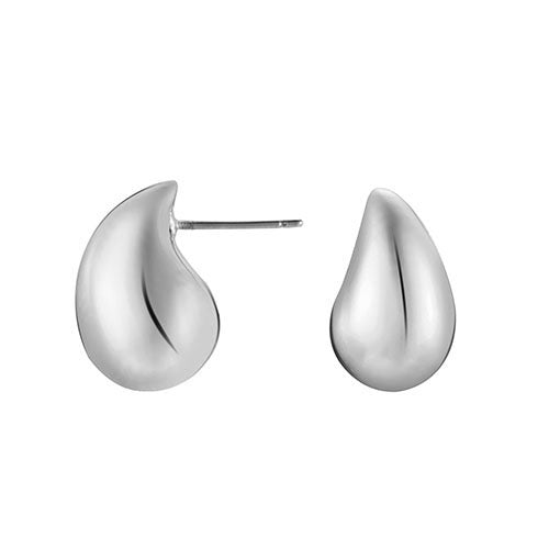 A pair of teardrop-shaped gold stud earrings on a white background.