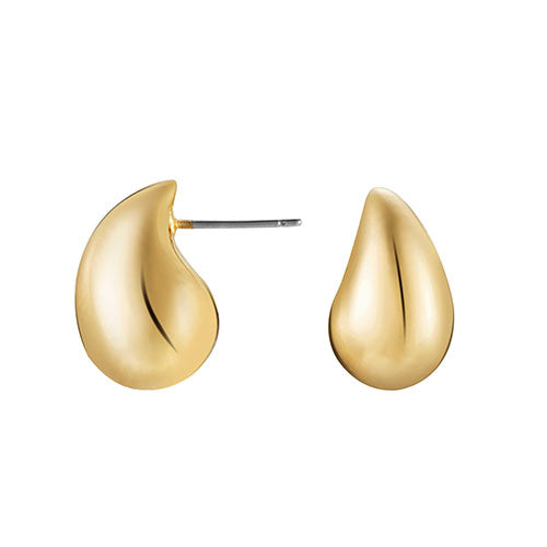 A pair of teardrop-shaped gold stud earrings on a white background.