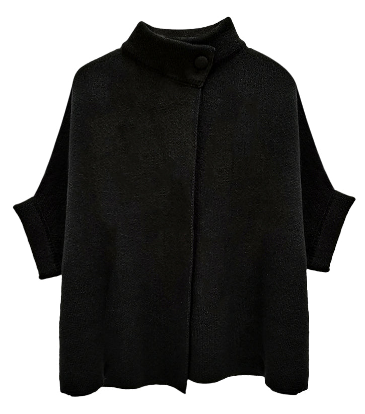 Black cape with button details on a white background