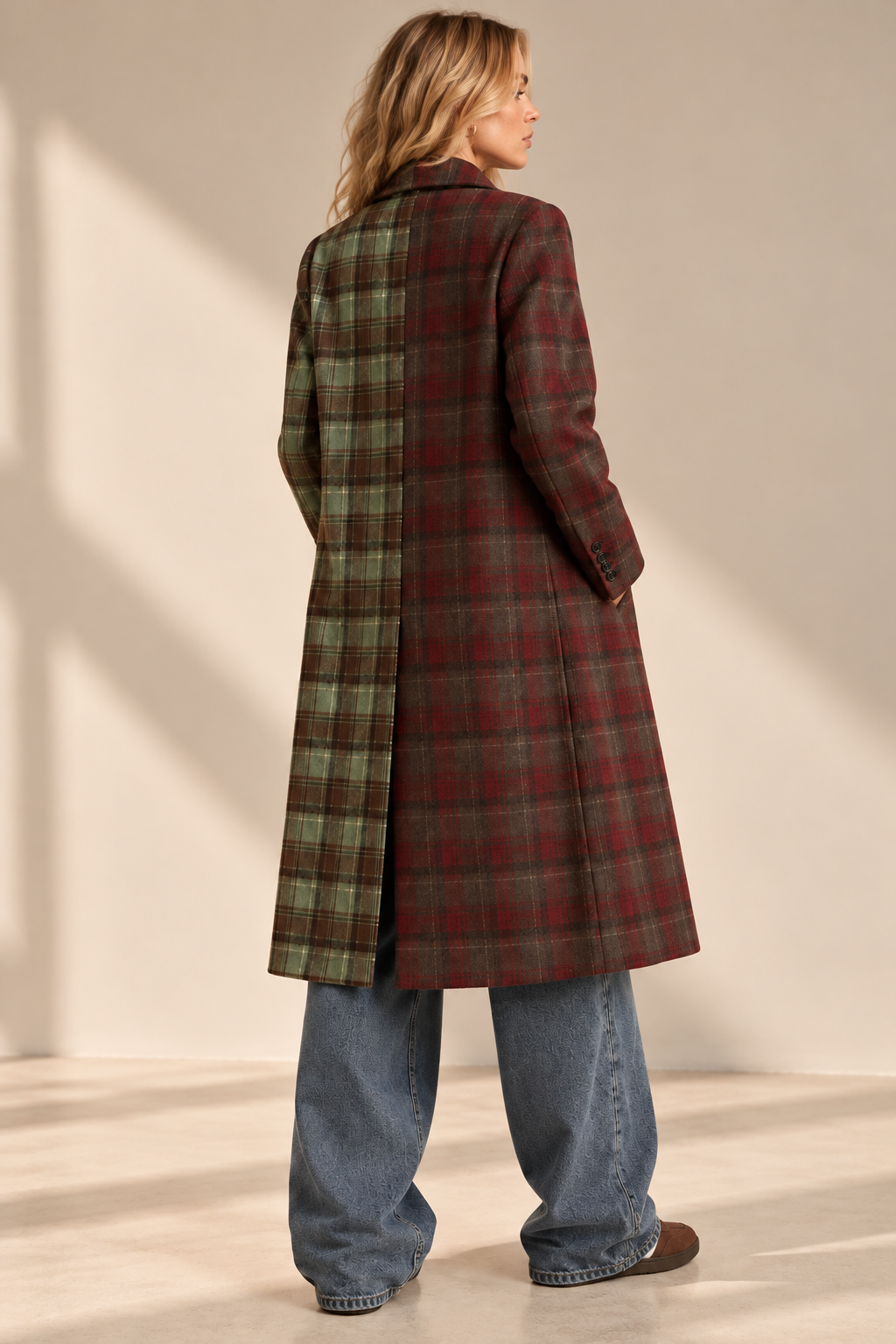Woman wearing a stylish long plaid coat with wide-legged jeans, fashionable fall outfit.