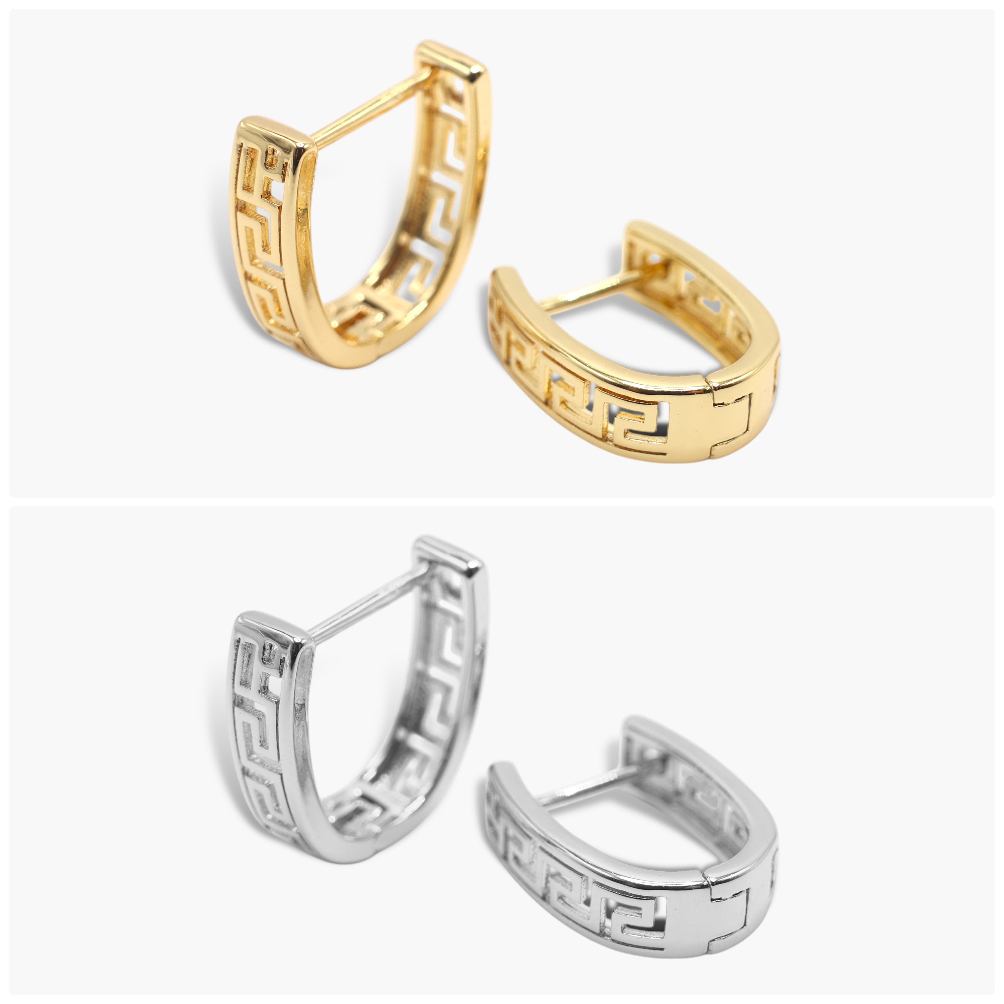 A pair of gold-colored hoop earrings with geometric patterns, displayed from two different angles.