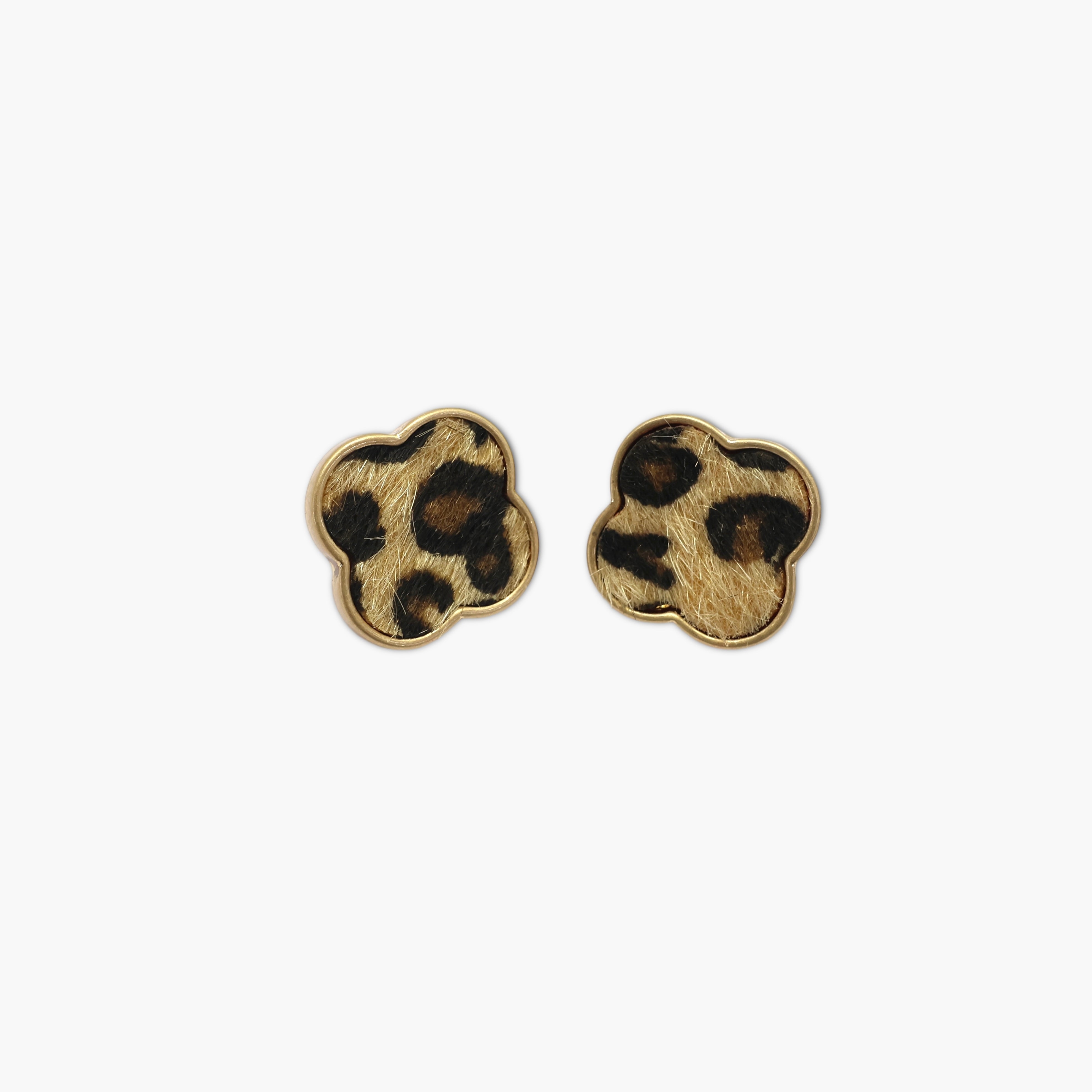 A pair of vintage-style animal post earrings with a brown and black color scheme.