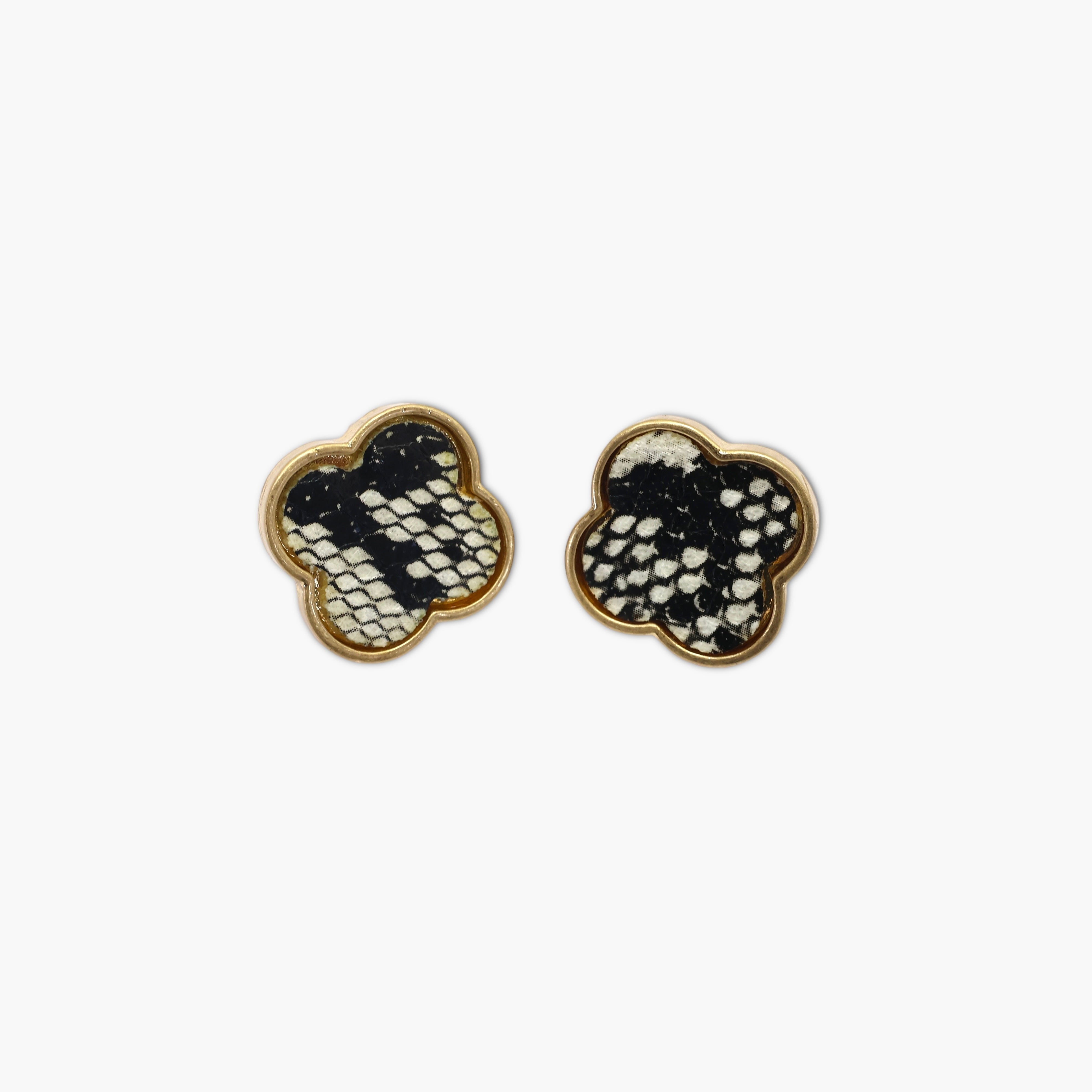 A pair of vintage-style animal post earrings with a brown and black color scheme.