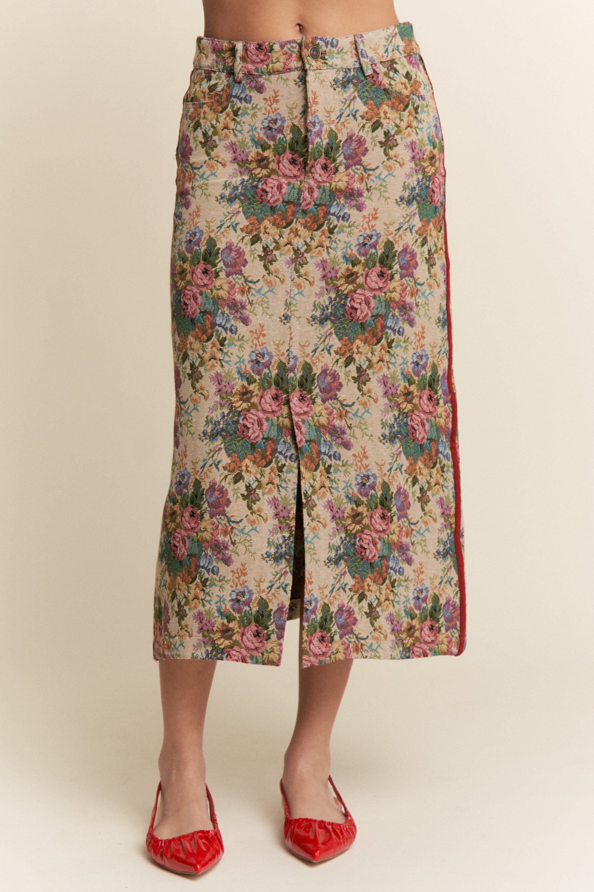 Floral patterned skirt with a plain background