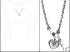 Silver necklace with heart and key pendant on a white background